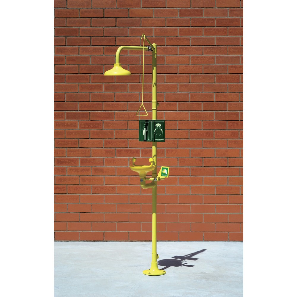 Erbstößer® Körper-/Augendusche-Kombination mit Auffangbecken, DIN EN 15154-1/-2/-5, Standmodell, Kunststoff-Duschkopf/-Auffangbecken