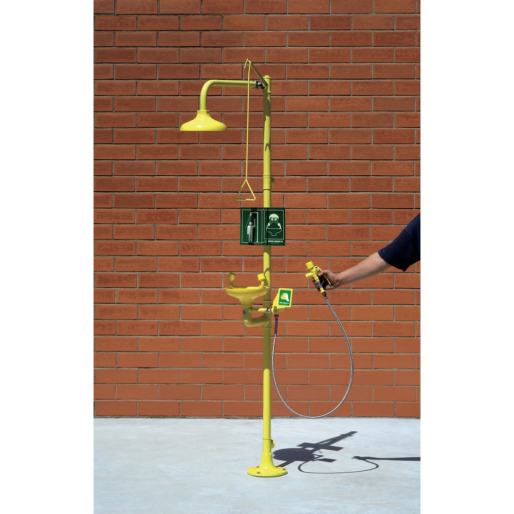 Erbstößer® Körper-/Augendusche-Kombination mit Auffangbecken und beweglicher Schlauchdusche, DIN EN 15154-1/-2/-5, Standmodell, Kunststoff-Duschköpfe/-Auffangbecken