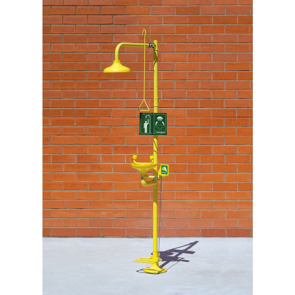 Erbstößer® Körper-/Augendusche-Kombination mit Auffangbecken, DIN EN 15154-1/-2/-5, Standmodell, Kunststoff-Duschkopf/-Auffangbecken, Pedalbetätigung für Augendusche
