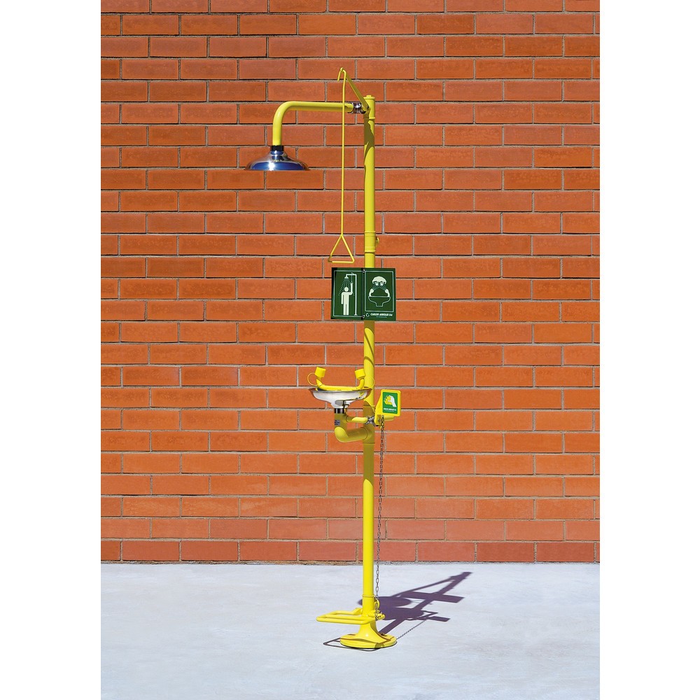 Erbstößer® Körper-/Augendusche-Kombination mit Auffangbecken, DIN EN 15154-1/-2/-5, Standmodell, Edelstahl-Duschkopf/-Auffangbecken, Pedalbetätigung für Augendusche