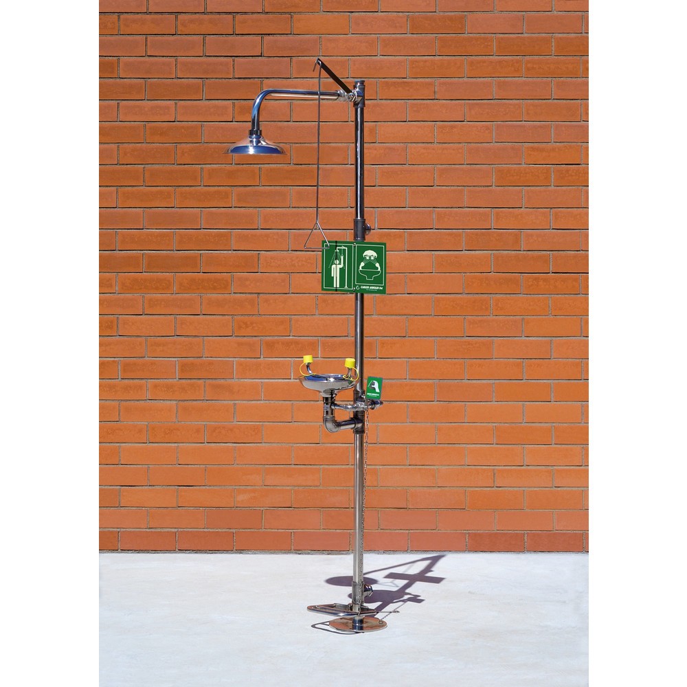 Erbstößer® Körper-/Augendusche-Kombination mit Auffangbecken, DIN EN 15154-1/-2/-5, Standmodell, komplett Edelstahl, Pedalbetätigung für Augendusche