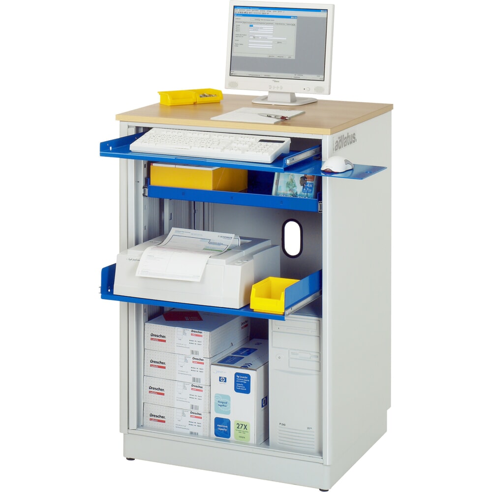 RAU Computer-Stationen, HxBxT 1.100 x 720 x 660 mm, Buche Dekor Arbeitsplatte, mit Rolladen, Steckdosenleiste