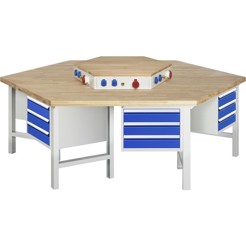 RAU Gruppenwerkbank Serie 4000, Energieaufsatz, 6 Container, HxBxT 850 x 2.700 x 2.340 mm, 18 x 90%-Auszug-Schubladen