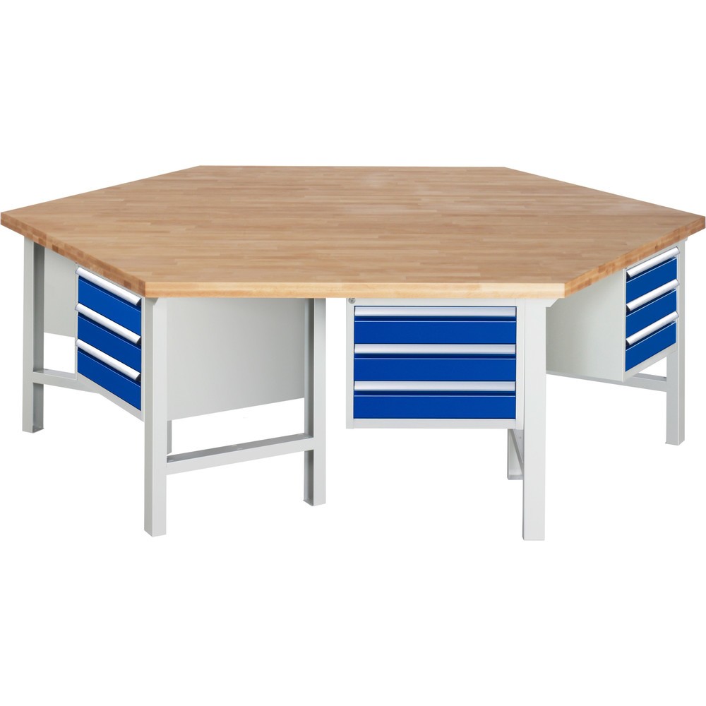 RAU Gruppenwerkbank Serie 4000, 6 Container, HxBxT 790-1.140 x 2.700 x 2.340 mm, 18 x 100%-Auszug-Schubladen
