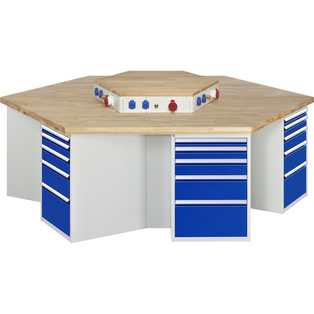RAU Gruppenwerkbank Serie 4000, Energieaufsatz, 6 Container, Sockel, HxBxT 890 x 2.700 x 2.340 mm, 30 x 100%-Auszug-Schubladen