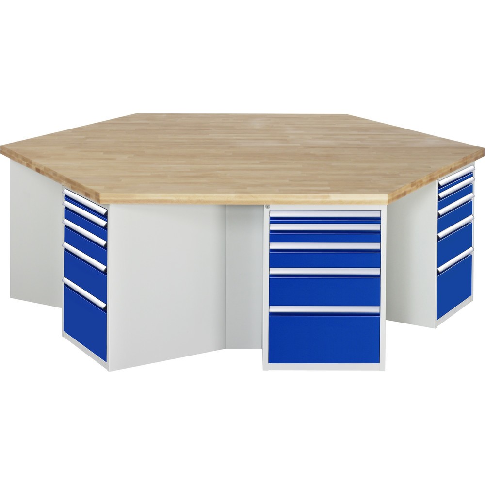RAU Gruppenwerkbank Serie 4000, 6 Container, HxBxT 850 x 2.700 x 2.340 mm, 30 x 100%-Auszug-Schubladen 6 x 60 mm, 6 x 90 mm, 6 x 120 mm, 6 x 180 mm, 6 x 270 mm