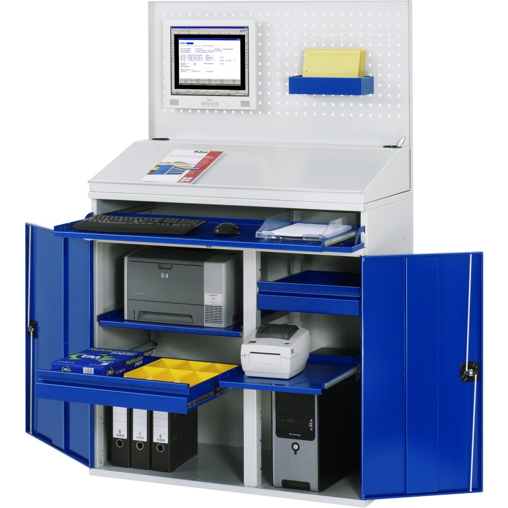 RAU Computer-Schrank, HxBxT 1.770 x 1.100 x 520 mm, mit 2 Flügeltüren, Tastaturauszug, 1 Schublade und Rollensatz