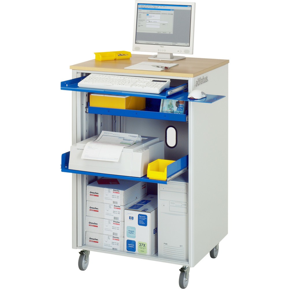 RAU Computer-Stationen, HxBxT 1.100 x 720 x 660 mm, Buche Dekor Arbeitsplatte, mit Rolladen, Steckdosenleiste und Rollensatz