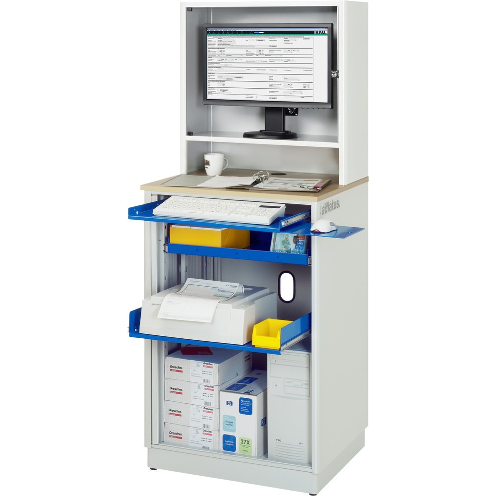 RAU Computer-Stationen, HxBxT 1.810 x 720 x 660 mm, Buche Dekor Arbeitsplatte, mit Rolladen, Steckdosenleiste