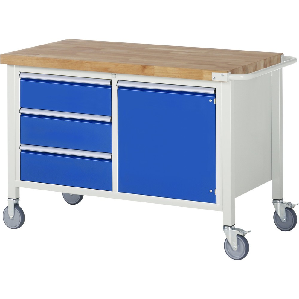 RAU mobile Werkbank Serie 8000, 1 Doppel-Container, 1 Flügeltür, HxBxT 880 x 1.250 x 700 mm, 3 x 100%-Auszug-Schubladen