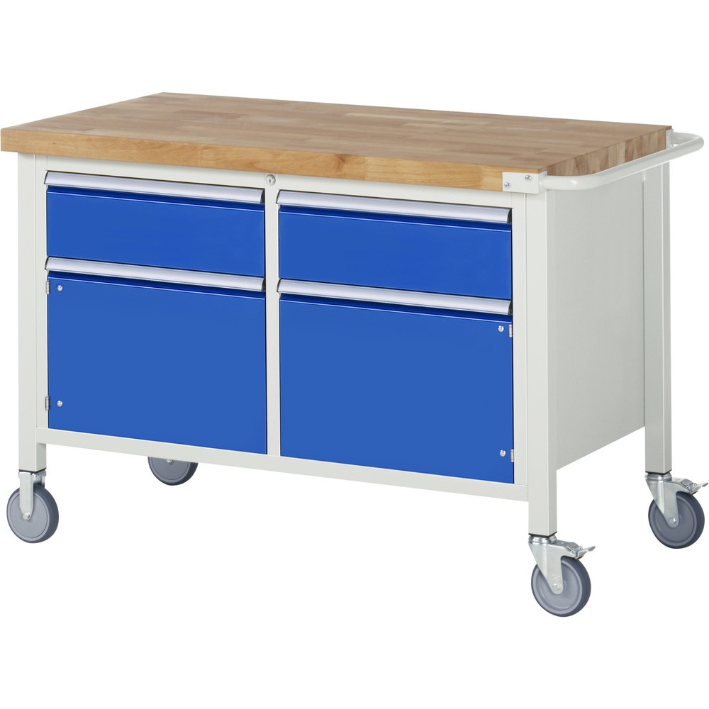 RAU mobile Werkbank Serie 8000, 1 Doppel-Container, 2 Flügeltüren, HxBxT 880-1.080 x 1.250 x 700 mm, 2 x 90%-Auszug-Schubladen