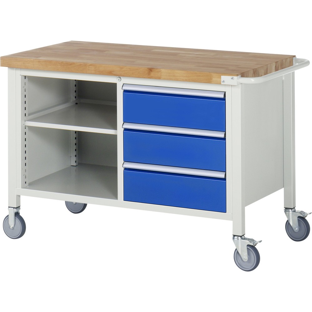 RAU mobile Werkbank Serie 8000, 1 Doppel-Container, 1 Fachboden, HxBxT 880 x 1.250 x 700 mm, 3 x 90%-Auszug-Schubladen, ErgoScript