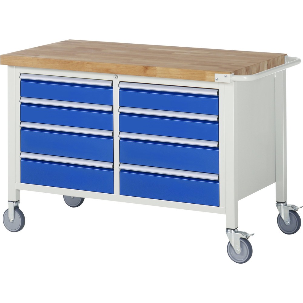 RAU mobile Werkbank Serie 8000, 1 Doppel-Container, HxBxT 880-1.080 x 1.250 x 700 mm, 8 x 100%-Auszug-Schubladen
