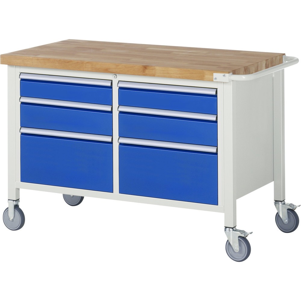RAU mobile Werkbank Serie 8000, 1 Doppel-Container, HxBxT 880-1.080 x 1.250 x 700 mm, 6 x 90%-Auszug-Schubladen