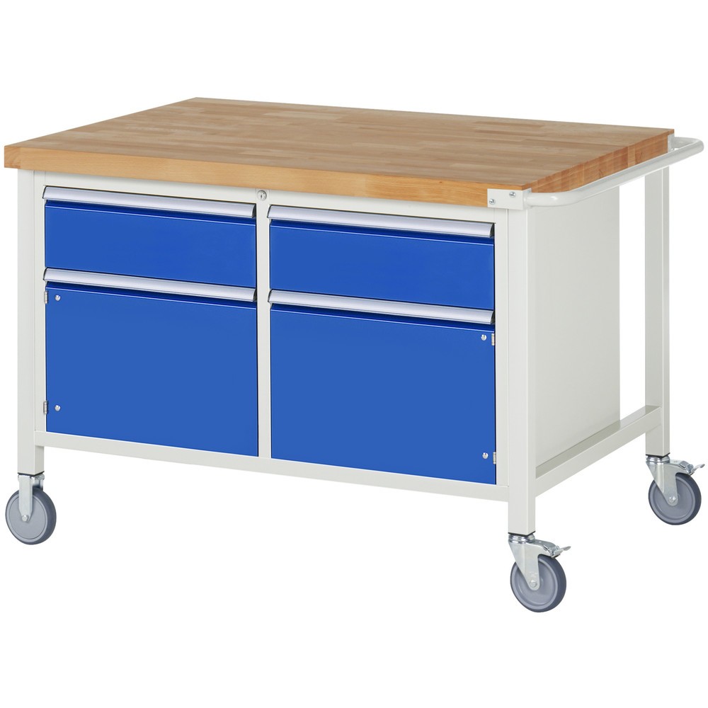 RAU mobile Werkbank Serie 8000, 1 Doppel-Container, 2 Flügeltüren, HxBxT 880 x 1.250 x 900 mm, 2 x 100%-Auszug-Schubladen