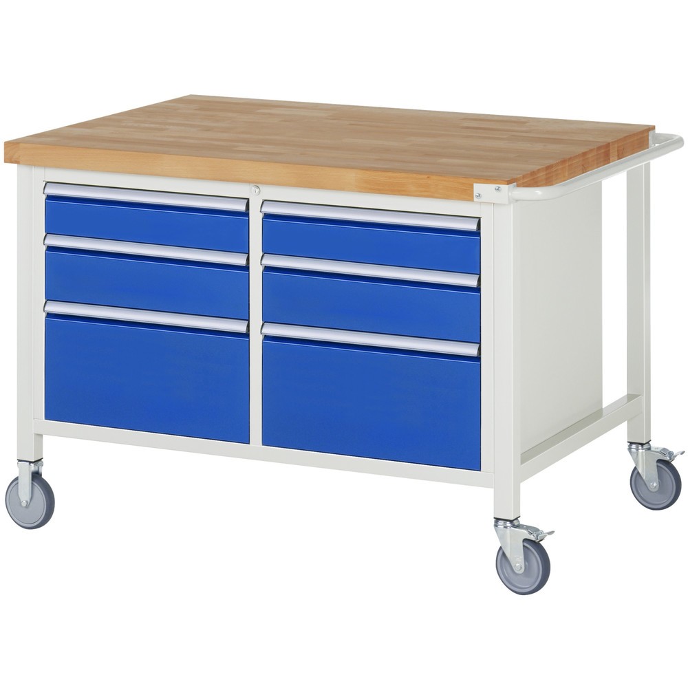 RAU mobile Werkbank Serie 8000, 1 Doppel-Container, HxBxT 880 x 1.250 x 900 mm, 6 x 100%-Auszug-Schubladen