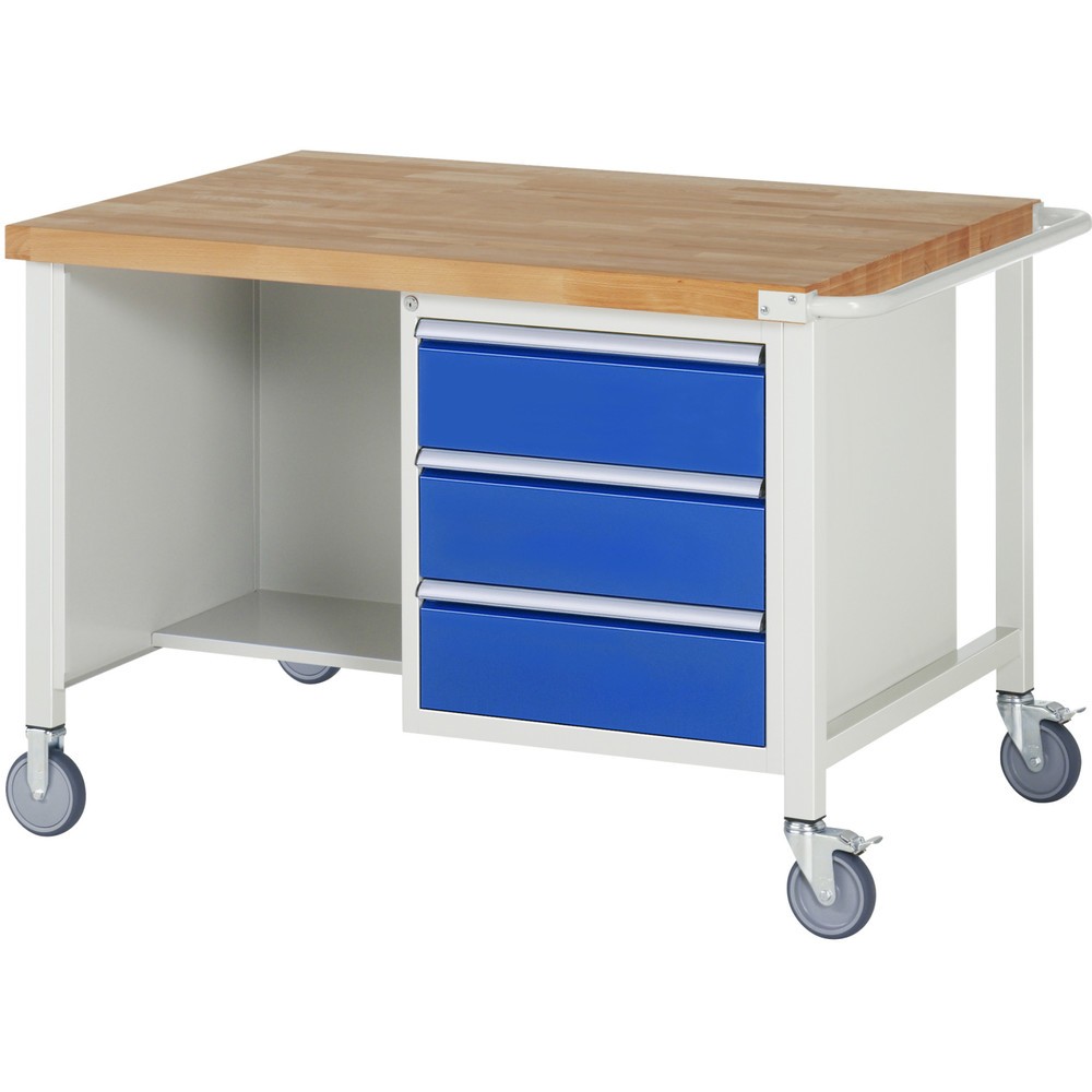 RAU mobile Werkbank Serie 8000, 1 Doppel-Container, 1 Ablageboden, HxBxT 880 x 1.250 x 900 mm, 3 x 90%-Auszug-Schubladen, ErgoScript