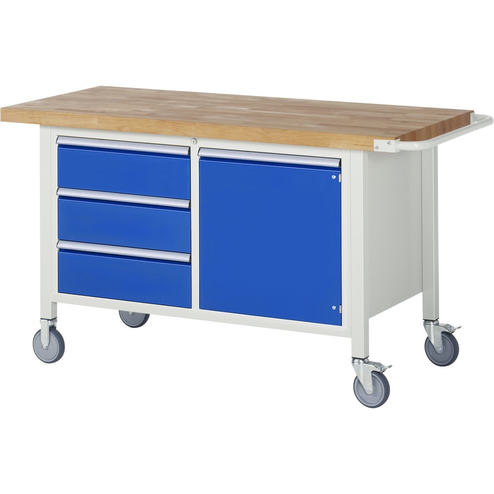 RAU mobile Werkbank Serie 8000, 1 Doppel-Container, 1 Flügeltür, HxBxT 880-1.080 x 1.500 x 700 mm, 3 x 100%-Auszug-Schubladen