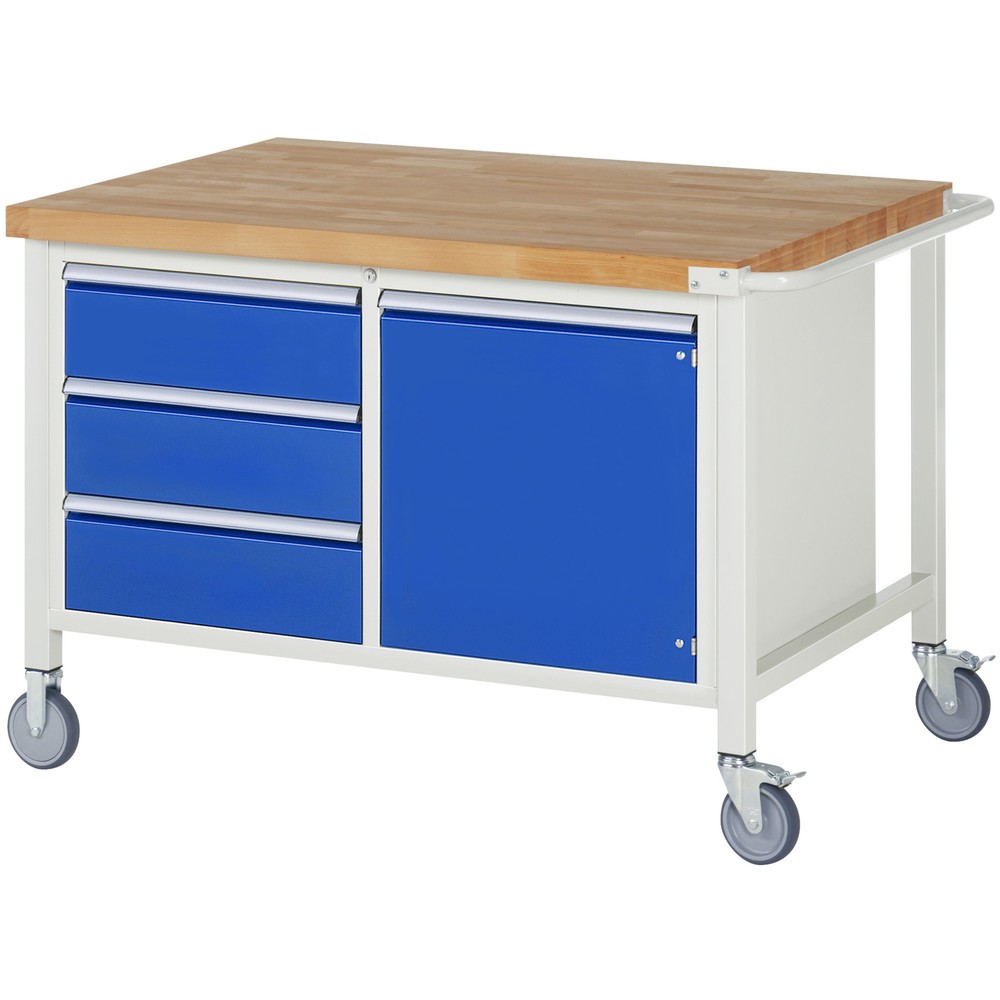 RAU mobile Werkbank Serie 8000, 1 Doppel-Container, 1 Flügeltür, HxBxT 880 x 1.250 x 900 mm, 3 x 100%-Auszug-Schubladen