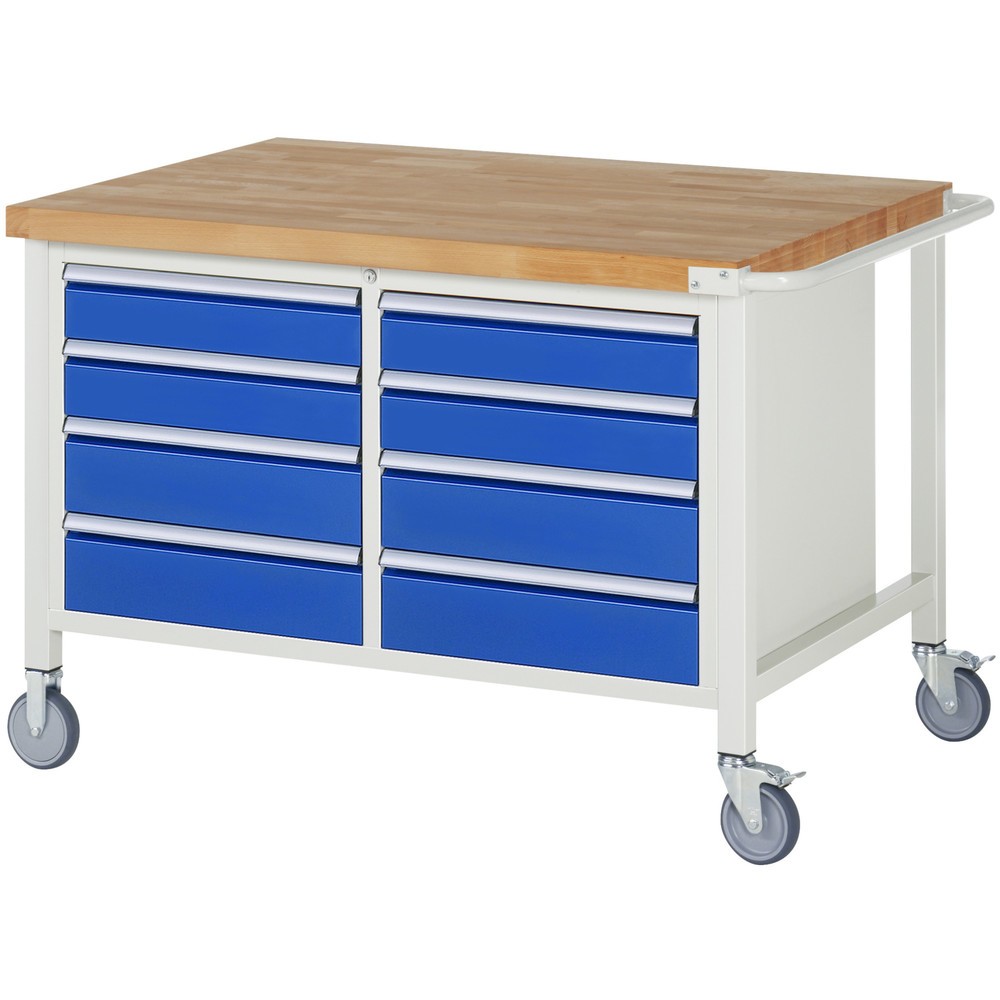 RAU mobile Werkbank Serie 8000, 1 Doppel-Container, HxBxT 880 x 1.250 x 900 mm, 8 x 100%-Auszug-Schubladen