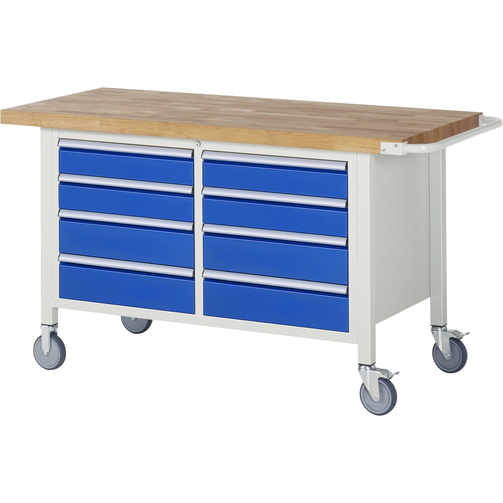 RAU mobile Werkbank Serie 8000, 1 Doppel-Container, HxBxT 880-1.080 x 1.500 x 700 mm, 8 x 100%-Auszug-Schubladen