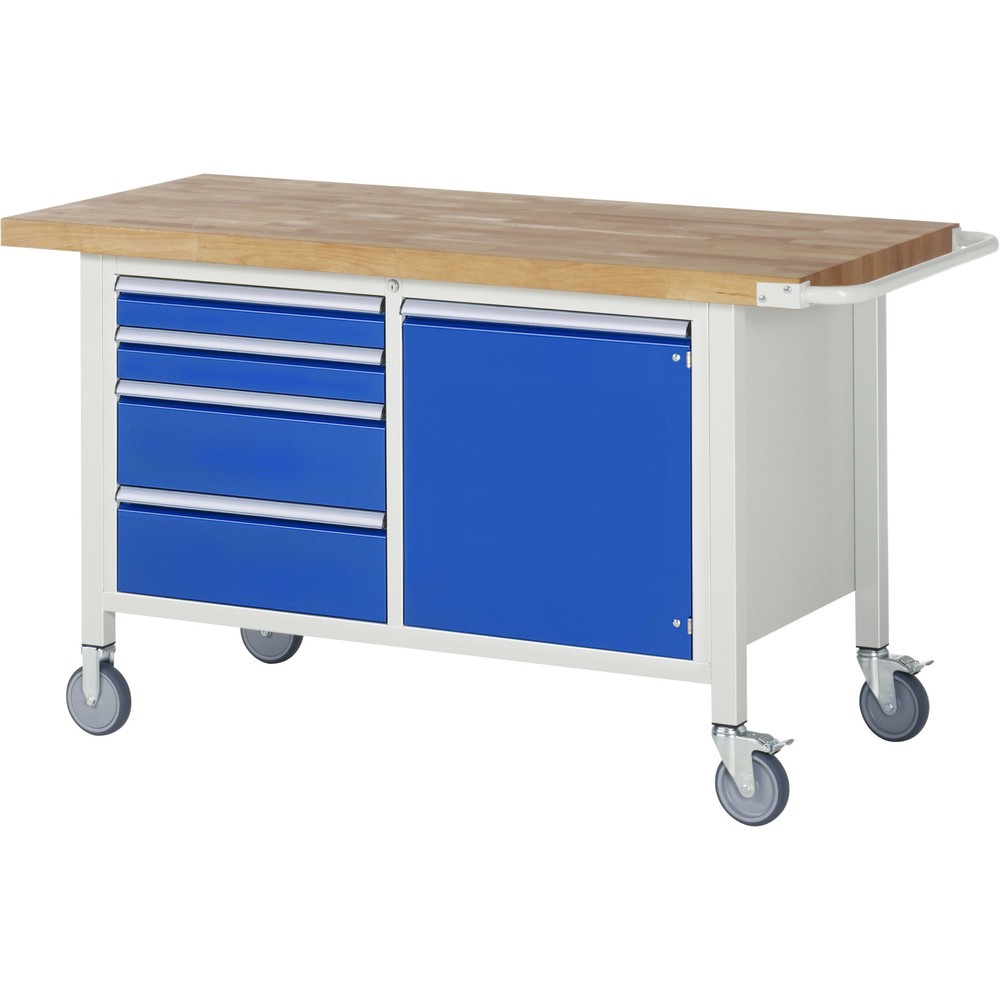RAU mobile Werkbank Serie 8000, 1 Doppel-Container, 1 Flügeltür, HxBxT 880-1.080 x 1.500 x 700 mm, 4 x 100%-Auszug-Schubladen