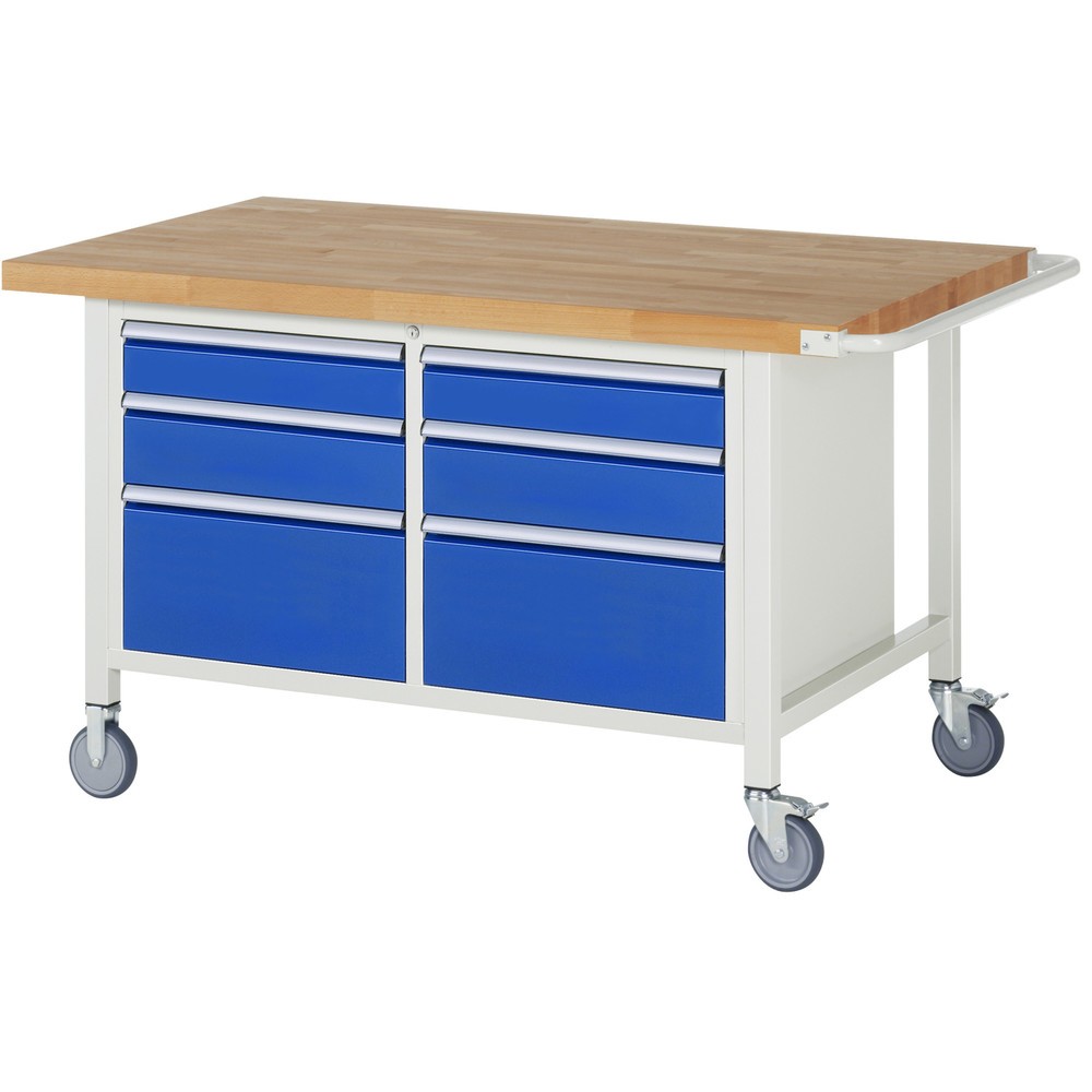 RAU mobile Werkbank Serie 8000, 1 Doppel-Container, HxBxT 880-1.080 x 1.500 x 900 mm, 6 x 100%-Auszug-Schubladen