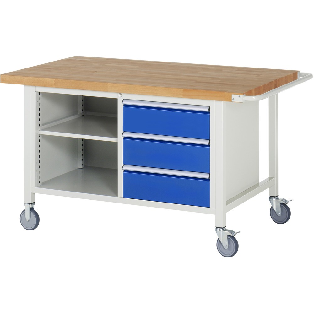 RAU mobile Werkbank Serie 8000, 1 Doppel-Container, 1 Fachboden, HxBxT 880-1.080 x 1.500 x 900 mm, 3 x 100%-Auszug-Schubladen