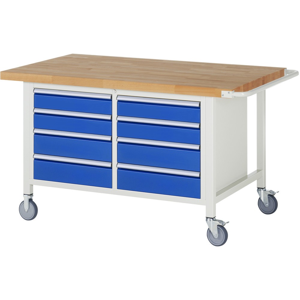 RAU mobile Werkbank Serie 8000, 1 Doppel-Container, HxBxT 880-1.080 x 1.500 x 900 mm, 8 x 90%-Auszug-Schubladen