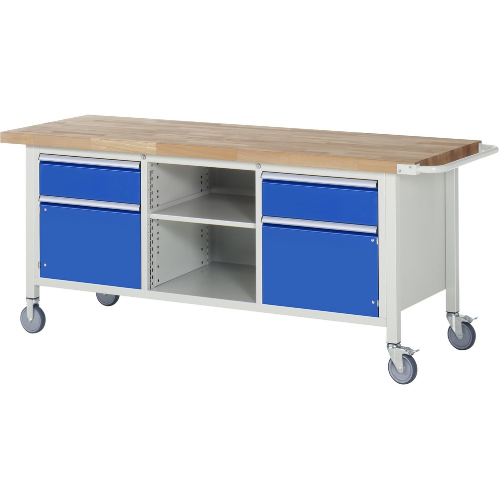 RAU mobile Werkbank Serie 8000, 1 Dreifach-Container, 1 Fachboden, 2 Flügeltüren, HxBxT 880-1.080 x 2.000 x 700 mm, 2 x 90%-Auszug-Schubladen