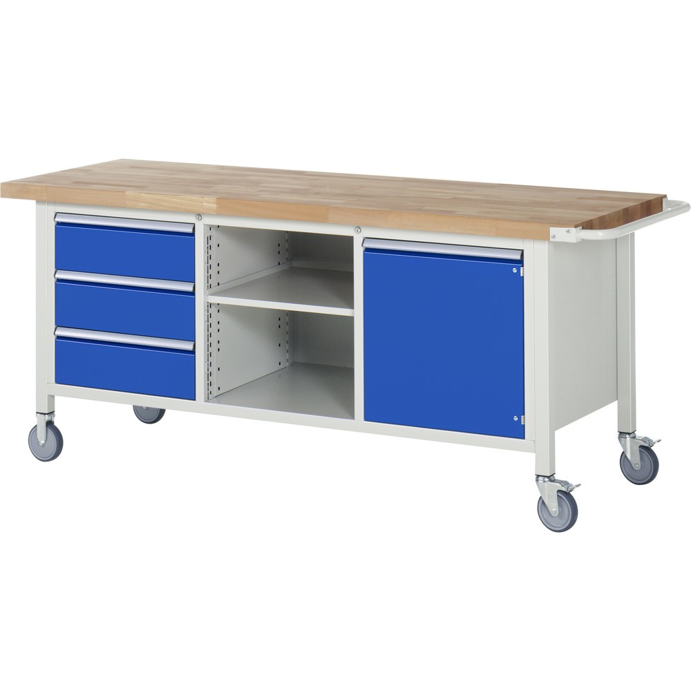 RAU mobile Werkbank Serie 8000, 1 Dreifach-Container, 1 Fachboden, 1 Flügeltür, HxBxT 880-1.080 x 2.000 x 700 mm, 3 x 90%-Auszug-Schubladen