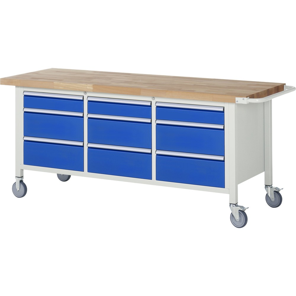 RAU mobile Werkbank Serie 8000, 1 Dreifach-Container, HxBxT 880 x 2.000 x 700 mm, 9 x 90%-Auszug-Schubladen