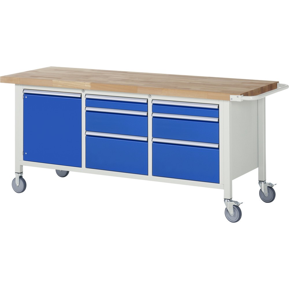 RAU mobile Werkbank Serie 8000, 1 Dreifach-Container, 1 Flügeltür, HxBxT 880-1.080 x 2.000 x 700 mm, 6 x 100%-Auszug-Schubladen