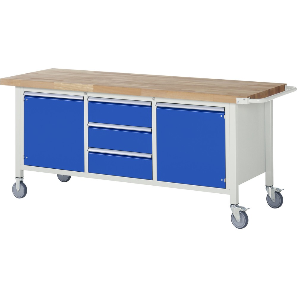 RAU mobile Werkbank Serie 8000, 1 Dreifach-Container, 2 Flügeltüren, HxBxT 880 x 2.000 x 700 mm, 3 x 90%-Auszug-Schubladen, ErgoScript