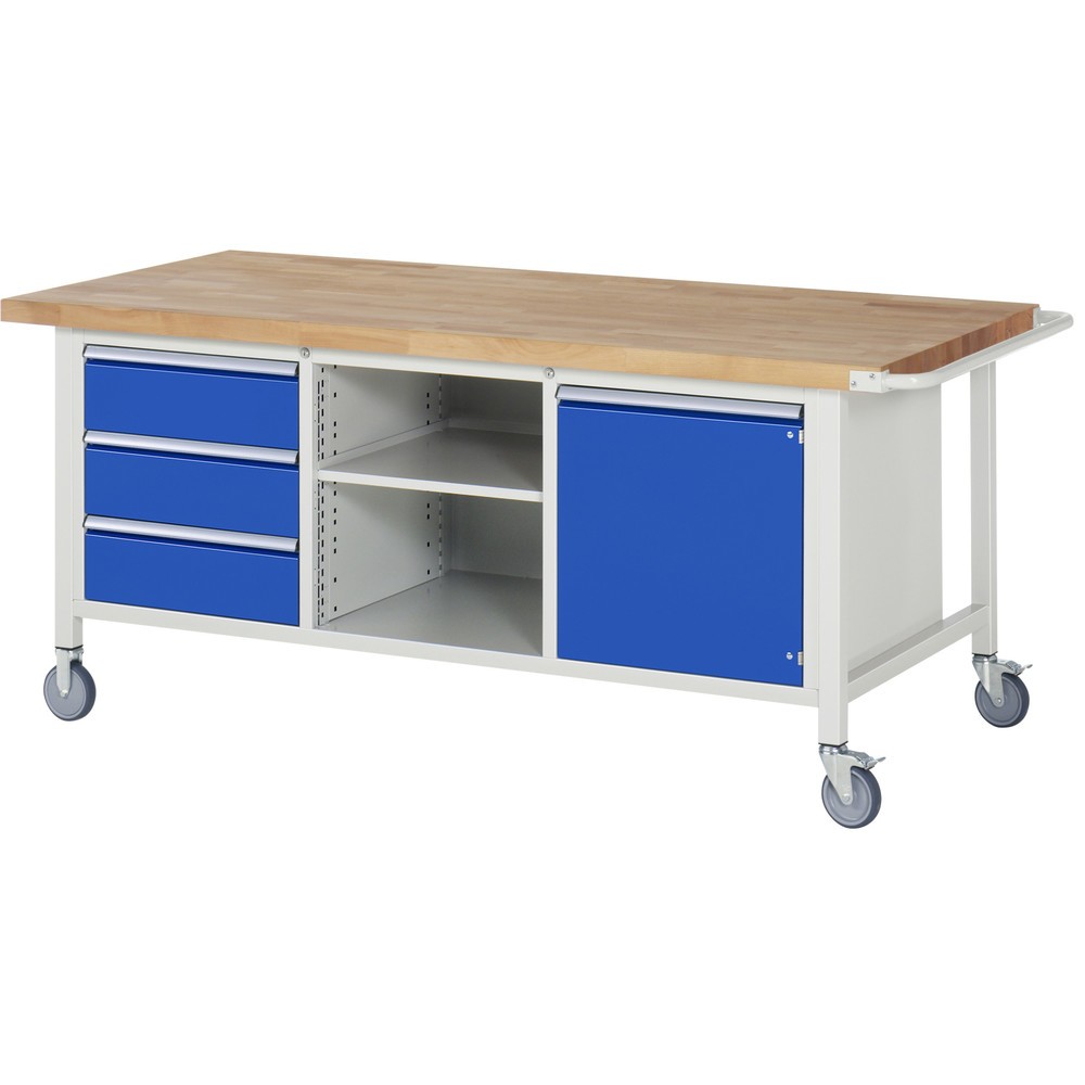 RAU mobile Werkbank Serie 8000, 1 Dreifach-Container, 1 Fachboden, 1 Flügeltür, HxBxT 880-1.080 x 2.000 x 900 mm, 3 x 100%-Auszug-Schubladen