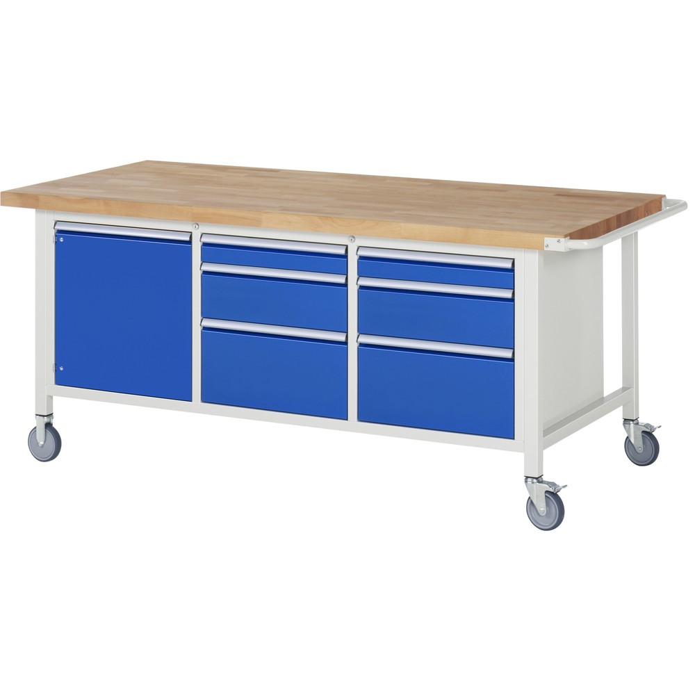 RAU mobile Werkbank Serie 8000, 1 Dreifach-Container, 1 Flügeltür, HxBxT 880-1.080 x 2.000 x 900 mm, 6 x 100%-Auszug-Schubladen
