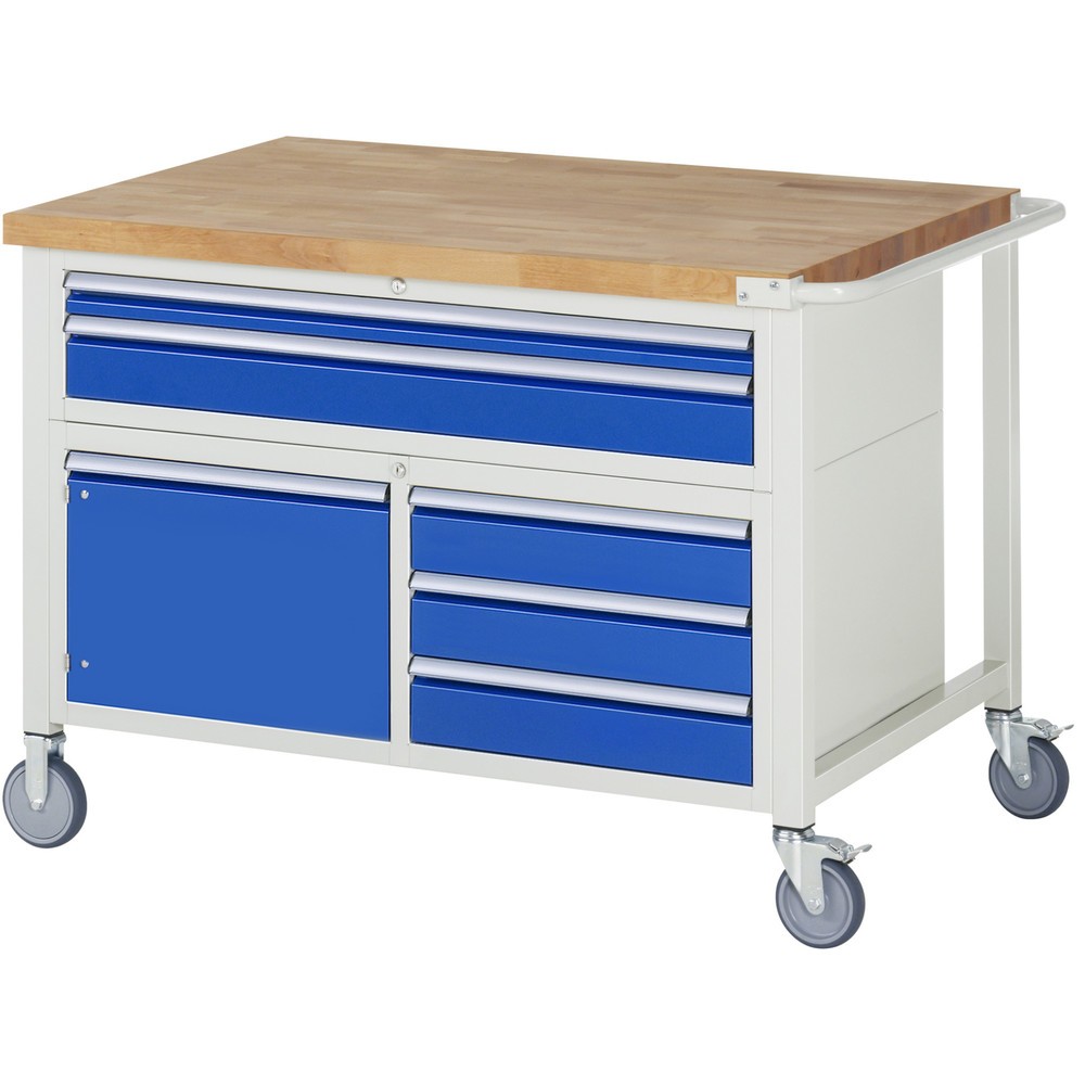 RAU mobile Werkbank Serie 8000, 1 Dreifach-Container, 1 Flügeltür, HxBxT 920 x 1.250 x 900 mm, 5 x 100%-Auszug-Schubladen