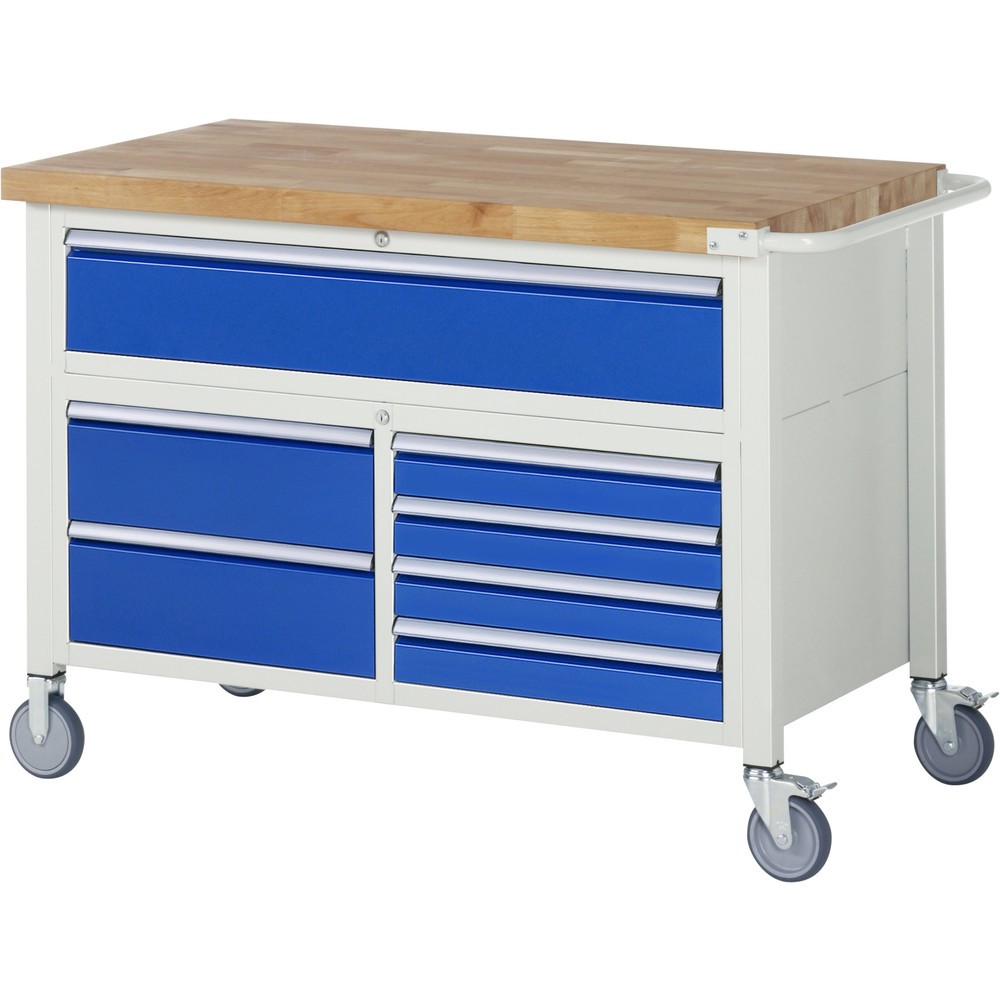 RAU mobile Werkbank Serie 8000, 1 Dreifach-Container, HxBxT 920-1.120 x 1.250 x 700 mm, 7 x 100%-Auszug-Schubladen