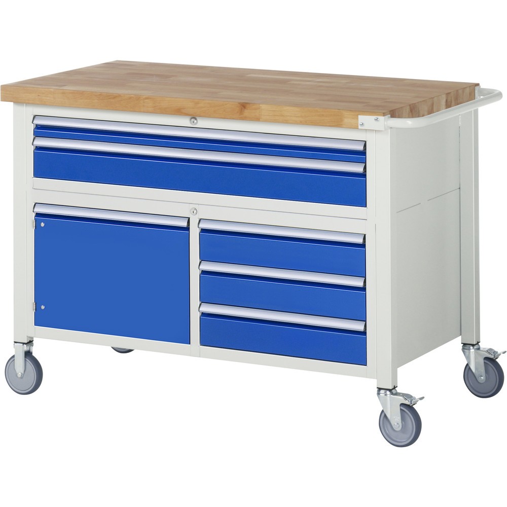 RAU mobile Werkbank Serie 8000, 1 Dreifach-Container, 1 Flügeltür, HxBxT 920-1.120 x 1.250 x 700 mm, 5 x 100%-Auszug-Schubladen
