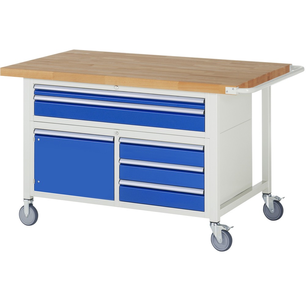 RAU mobile Werkbank Serie 8000, 1 Dreifach-Container, 1 Flügeltür, HxBxT 920 x 1.500 x 900 mm, 5 x 90%-Auszug-Schubladen