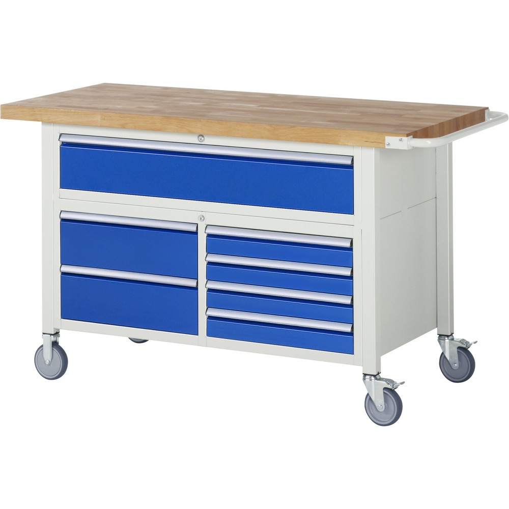 RAU mobile Werkbank Serie 8000, 1 Dreifach-Container, HxBxT 920 x 1.500 x 700 mm, 7 x 90%-Auszug-Schubladen