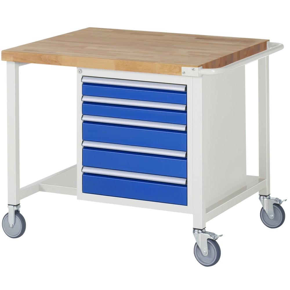 RAU mobile Werkbank Serie 8000, 1 Ablageboden, HxBxT 880 x 1.000 x 900 mm, 5 x 100%-Auszug-Schubladen, Breite 490 mm