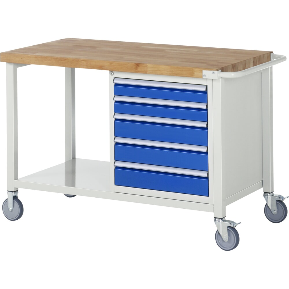 RAU mobile Werkbank Serie 8000, 1 Ablageboden, HxBxT 880-1.080 x 1.250 x 700 mm, 5 x 100%-Auszug-Schubladen, Breite 490 mm