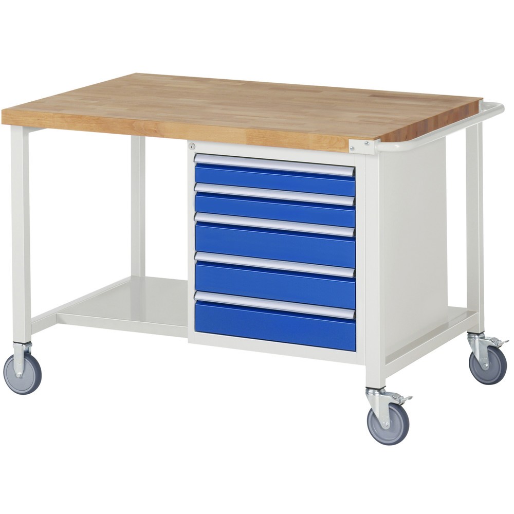 RAU mobile Werkbank Serie 8000, 1 Container, HxBxT 880-1.080 x 1.250 x 900 mm, 5 x 90%-Auszug-Schubladen, Breite 490 mm