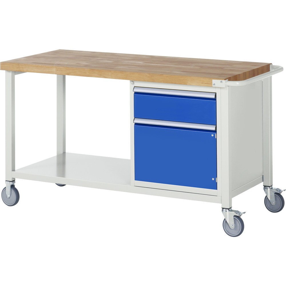 RAU mobile Werkbank Serie 8000, HxBxT 880 x 1.500 x 700 mm, 1 Container, 1 Ablageboden, 1 Flügeltür, 1 x 100%-Auszug-Schublade, ErgoScript