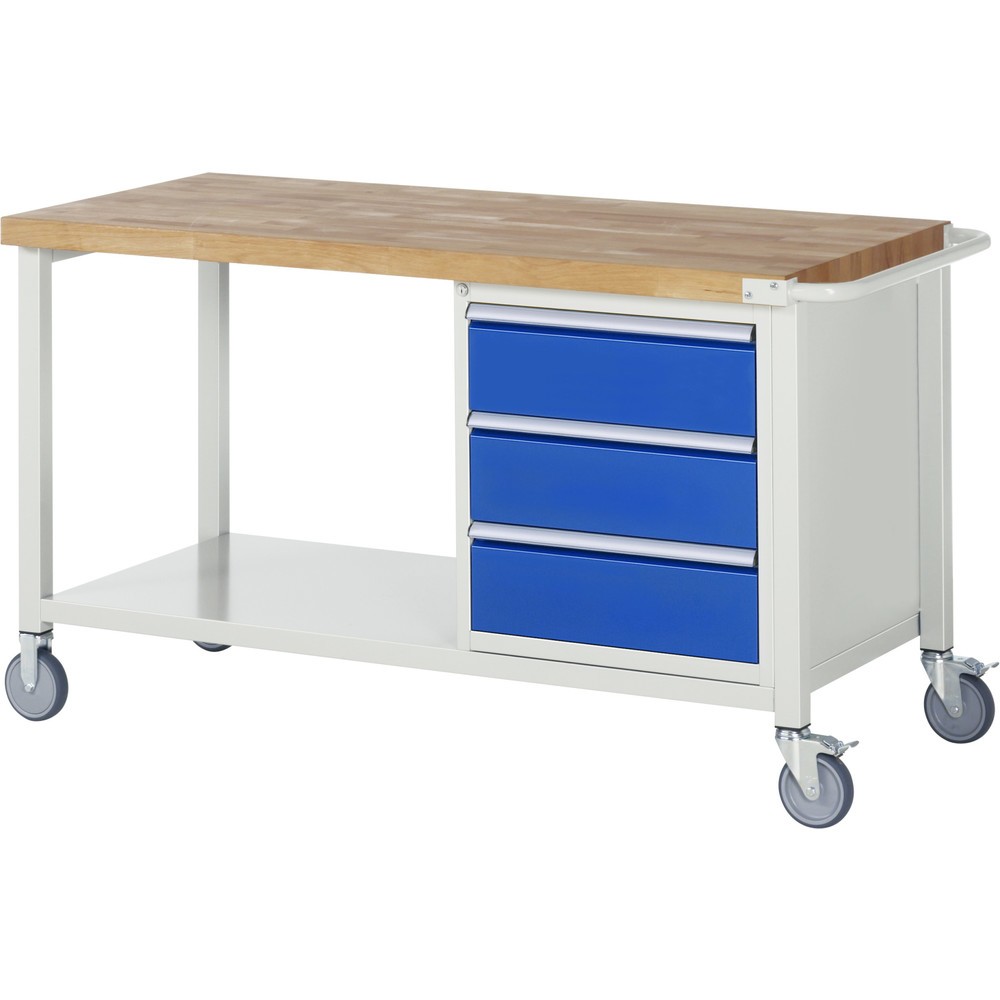 RAU mobile Werkbank Serie 8000, 1 Ablageboden, HxBxT 880-1.080 x 1.500 x 700 mm, 3 x 100%-Auszug-Schubladen, Breite 490 mm