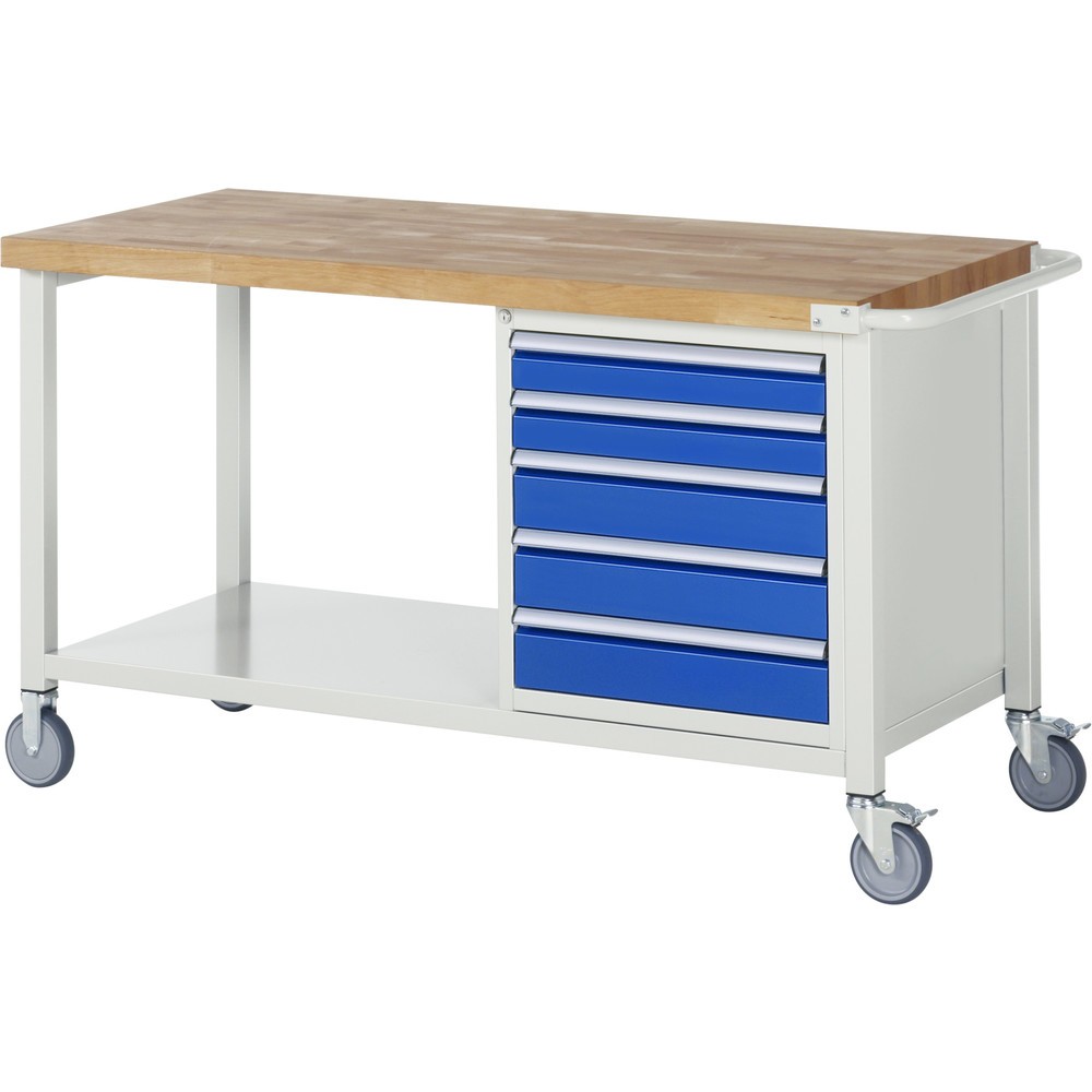 RAU mobile Werkbank Serie 8000, HxBxT 880 x 1.500 x 700 mm, 1 Container, 5 x 90%-Auszug-Schubladen, Breite 490 mm