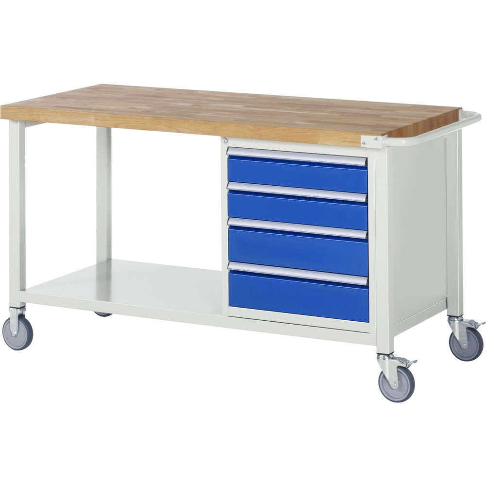 RAU mobile Werkbank Serie 8000, 1 Ablageboden, HxBxT 880-1.080 x 1.500 x 700 mm, 4 x 100%-Auszug-Schubladen, Breite 490 mm
