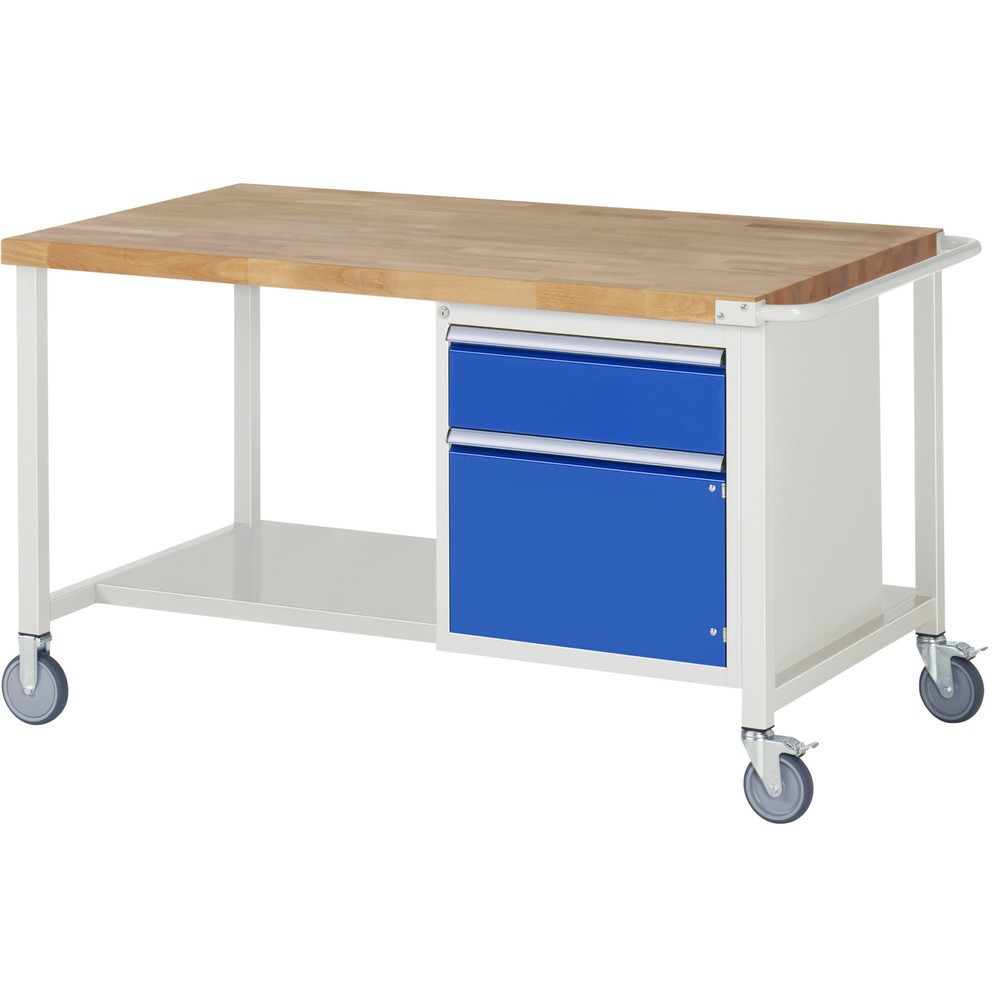 RAU mobile Werkbank Serie 8000, HxBxT 880-1.080 x 1.500 x 900 mm, 1 Container, 1 Flügeltür, 1 x 90%-Auszug-Schublade