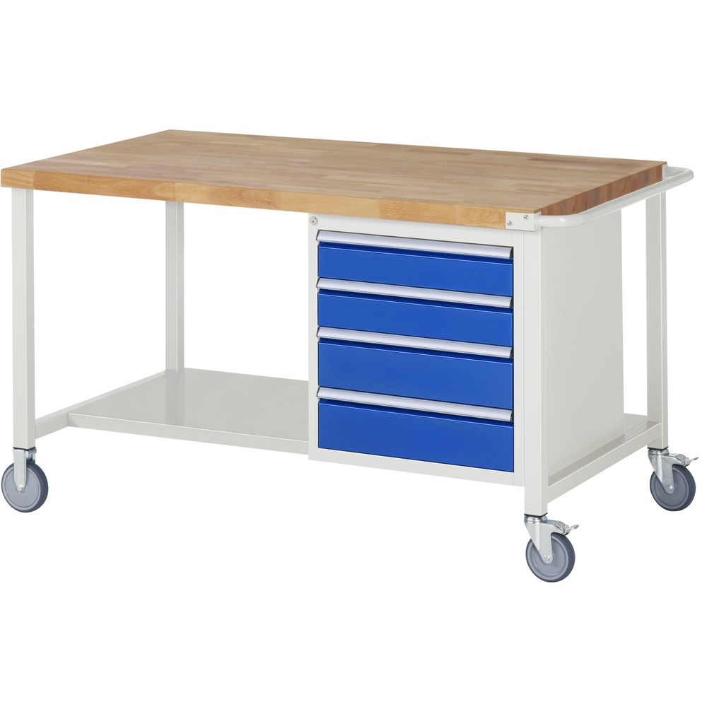 RAU mobile Werkbank Serie 8000, 1 Container, HxBxT 880-1.080 x 1.500 x 900 mm, 4 x 90%-Auszug-Schubladen, Breite 490 mm